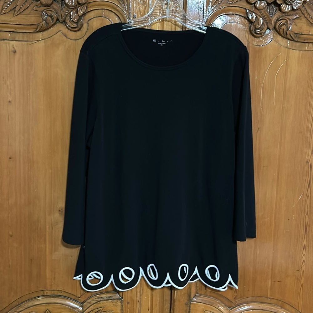E.L.I. Black Embroidered Eyelet Scalloped Hem Top